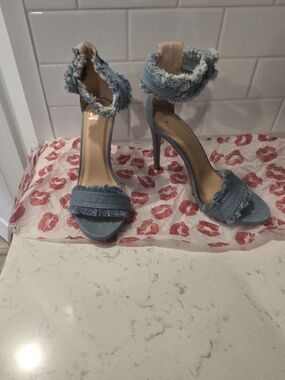 Denim Frayed Ankle-Strap High Heel Sandals - Light Blue